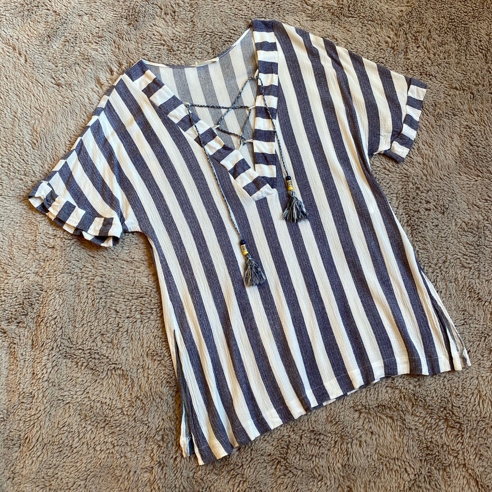 Jella C Spring Blue & White Striped Top w/ Tassels